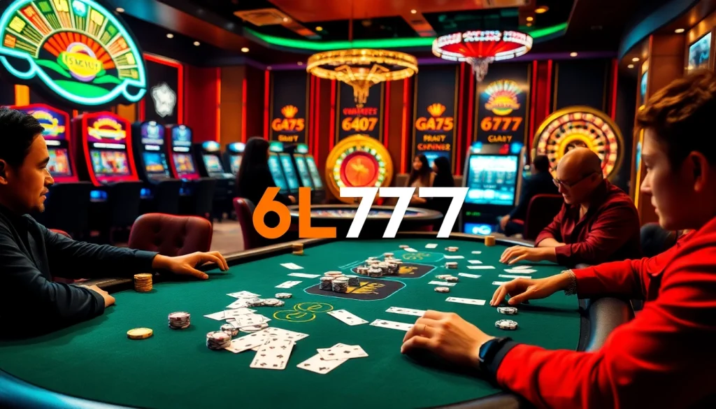 Players enjoying a strategic poker game at 6L777 casino table with vibrant chips and cards.