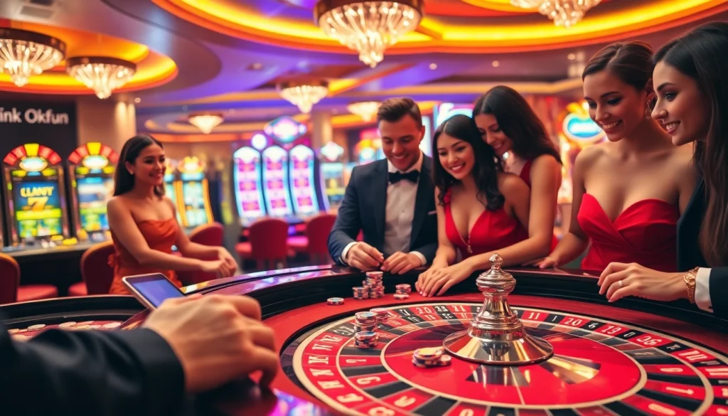 Gamblers enjoying a lively casino experience with link OKFUN streaming live games and interactions.