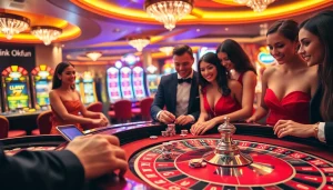 Gamblers enjoying a lively casino experience with link OKFUN streaming live games and interactions.