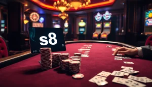 Engaging scene of a gambler betting at a casino table with s8-themed elements and vibrant colors.