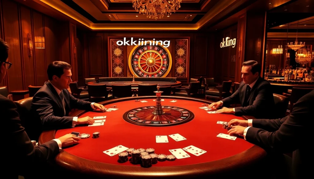Experience the thrill of gambling with okking-themed poker tables and roulette wheels in a luxurious casino setting.