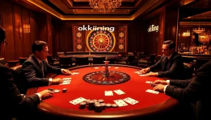 Experience the thrill of gambling with okking-themed poker tables and roulette wheels in a luxurious casino setting.