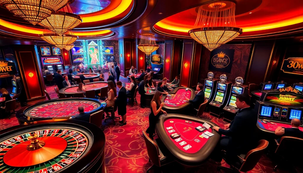 Play exciting games at 33win, featuring roulette, poker, and slot machines in a luxurious setting.