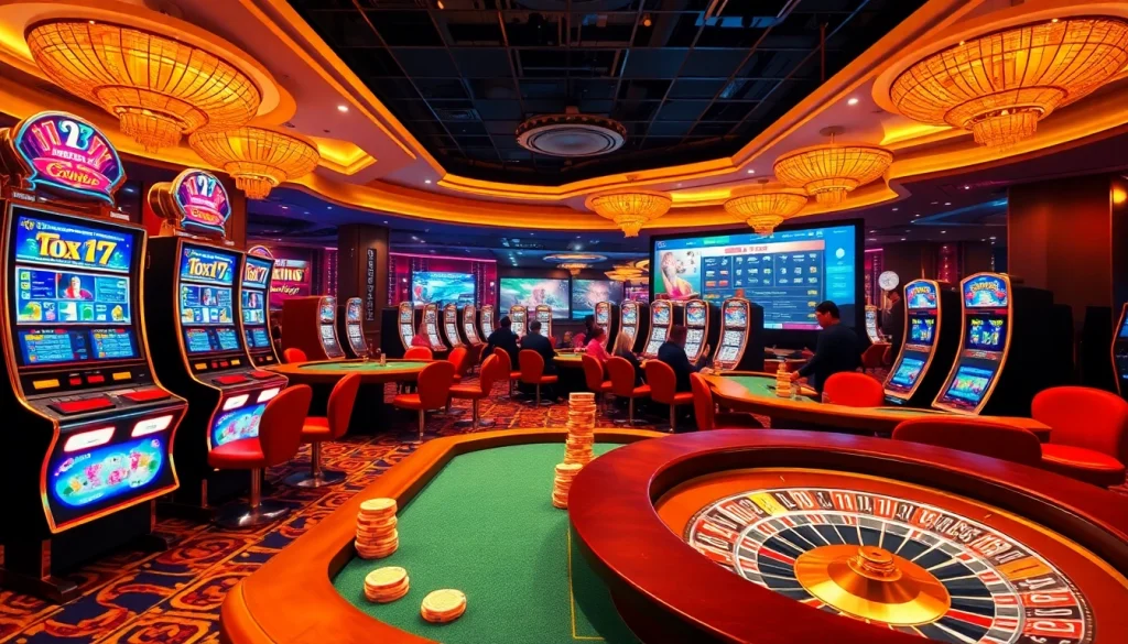 Experience thrilling casino games at xin88 featuring vibrant slot machines and elegant poker tables.