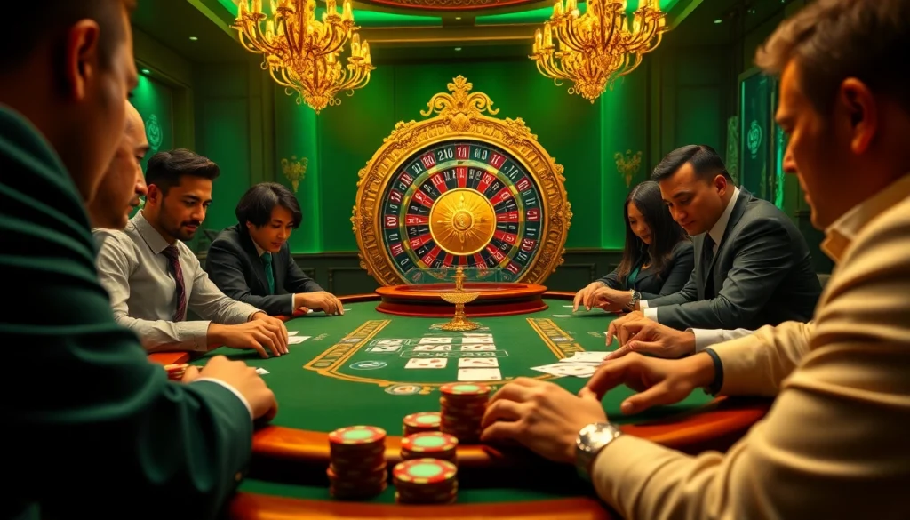 Players enjoying a thrilling J88 poker game at a luxurious casino table.