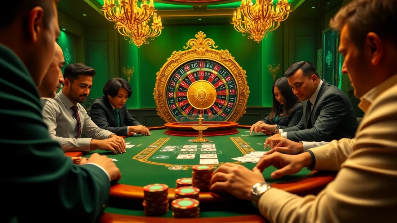Players enjoying a thrilling J88 poker game at a luxurious casino table.