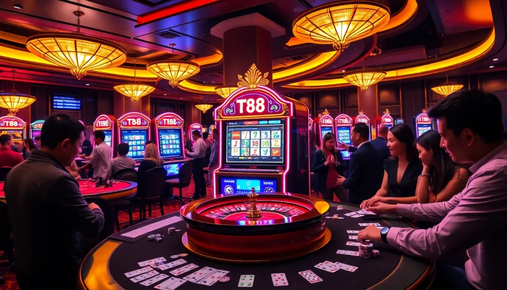 Players enjoy the TT88 slot machine at a vibrant casino, showcasing excitement and professional gambling.