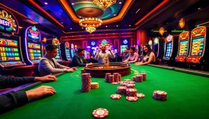 Exciting players enjoying e2 bet on a vibrant casino gaming table with poker chips and roulette.