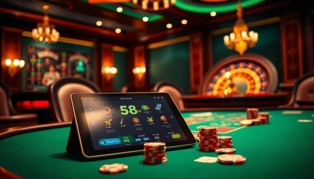 Engaging poker scene at 58win with poker chips and cards, showcasing excitement and luxury.