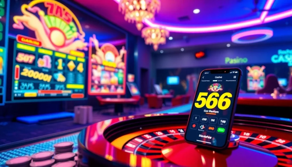 Experience the vibrant world of 566 online casino with neon lights and popular games.