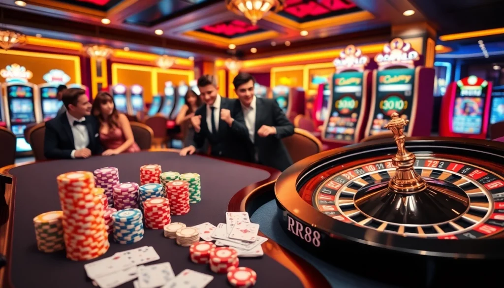 Experience the excitement of RR88 with vibrant casino tables and thrilling games in a luxurious setting.