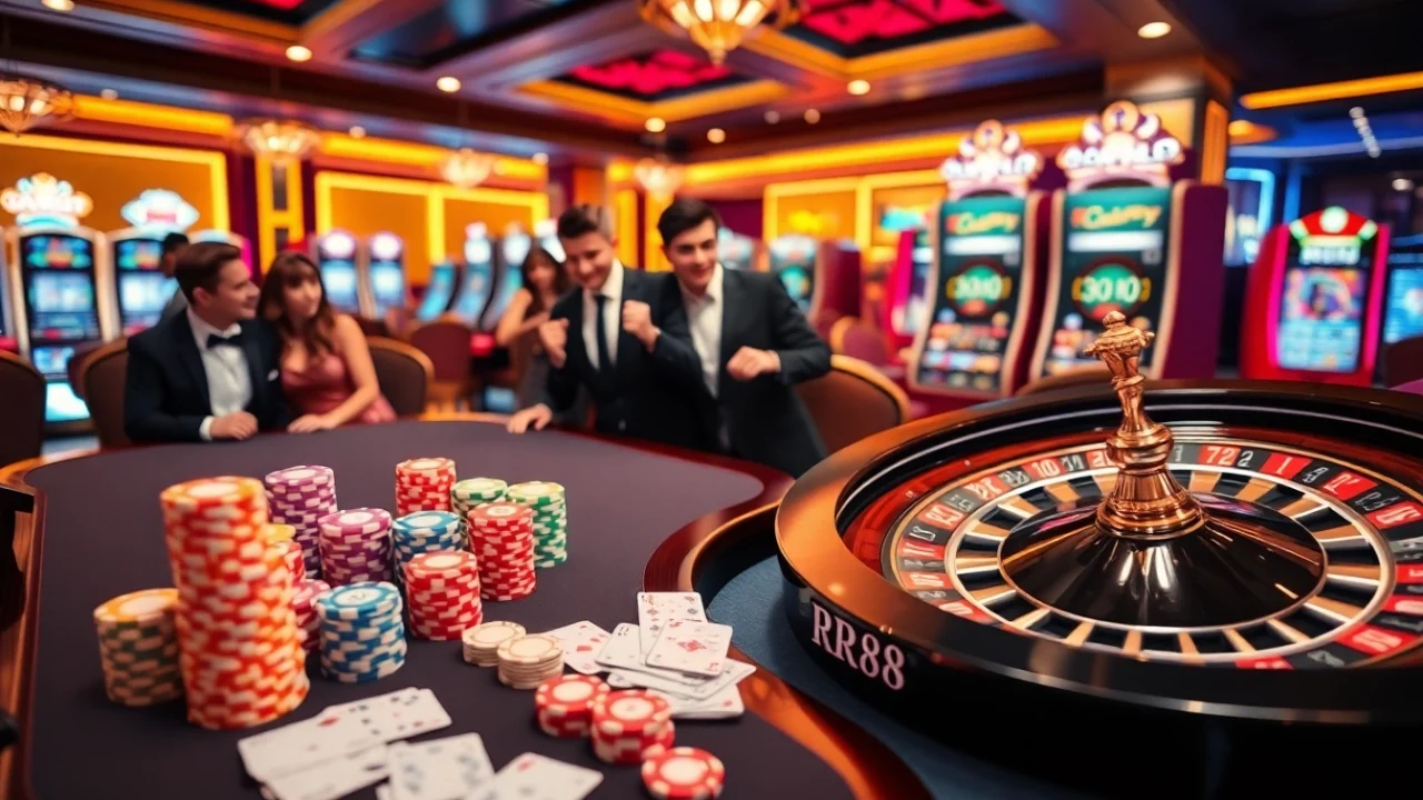 Experience the excitement of RR88 with vibrant casino tables and thrilling games in a luxurious setting.