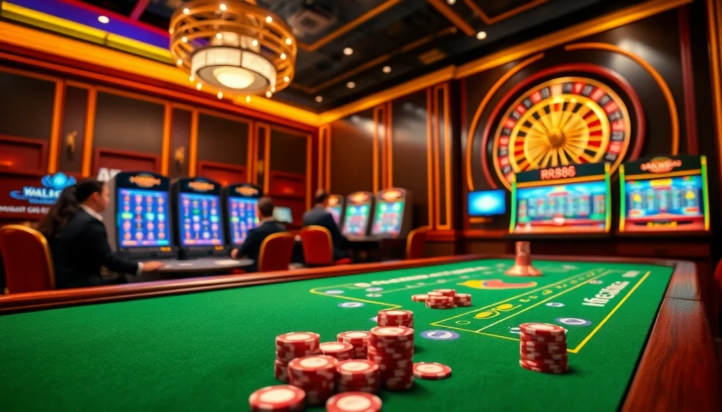 Exciting casino scene depicting RR88 with vibrant online gambling action and engaging players.