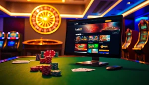 Lode88 homepage displayed amid a vibrant casino atmosphere, featuring poker chips and roulette wheel.