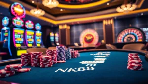 Engage with the thrilling NK88 poker scene featuring vibrant chips and cards in play.
