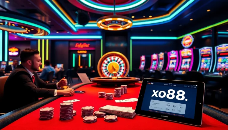 Engaged players enjoying a high-stakes poker game at xo88.quest casino, surrounded by vibrant neon lights.