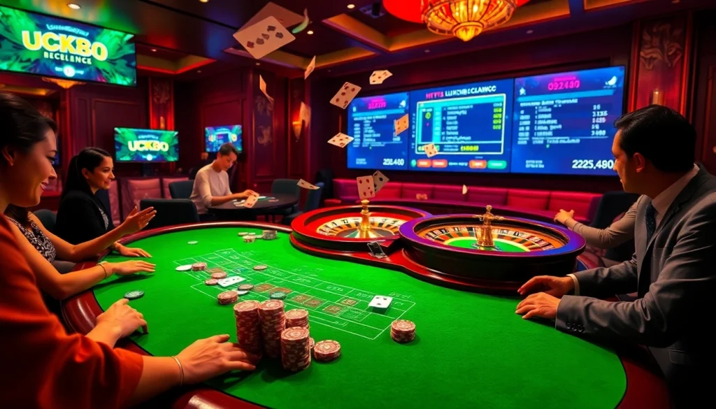 Join the excitement at https://luck88com.net/ as players engage in high-stakes blackjack, surrounded by vibrant casino elements.