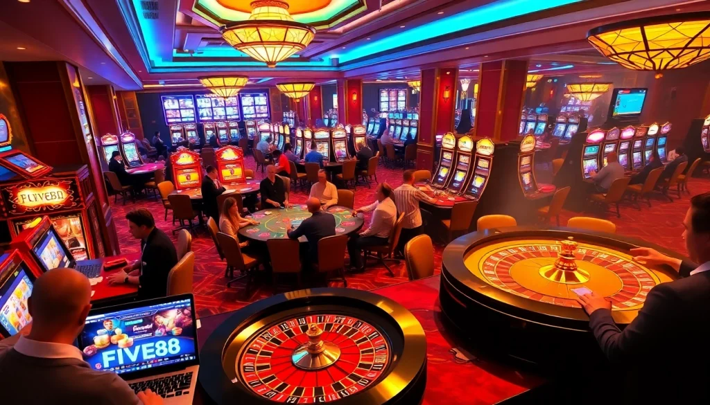 Experience the excitement of FIVE88 casino gaming with vibrant tables and slot machines.