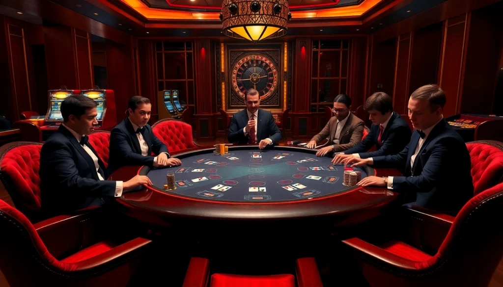 Experience high-stakes gaming at https://pg88sr.com/ with a luxurious poker table surrounded by elite gamblers.