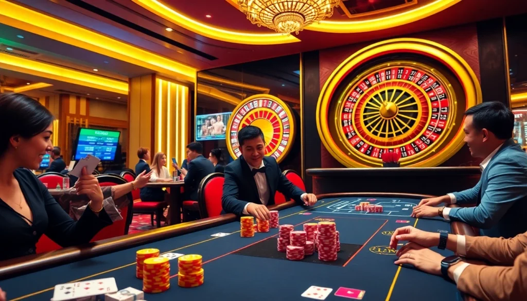 Players enjoying a thrilling game at the FLY88 casino, featuring vibrant tables and exciting action.