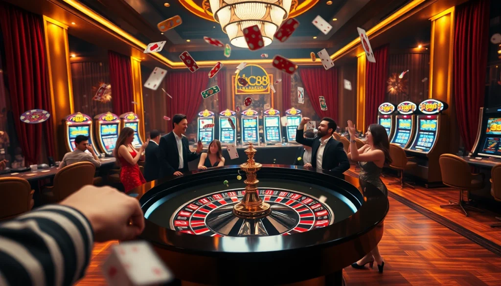 Enjoying a thrilling game at LC88's luxurious casino, surrounded by excitement and winning opportunities.