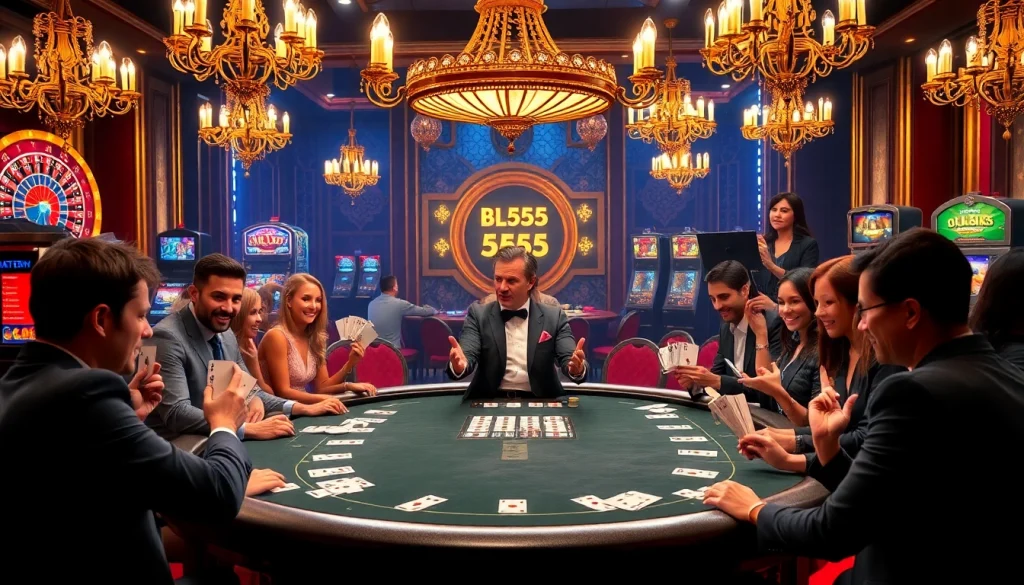 Players excitedly engage at the BL555 poker table, showcasing a luxurious casino atmosphere.