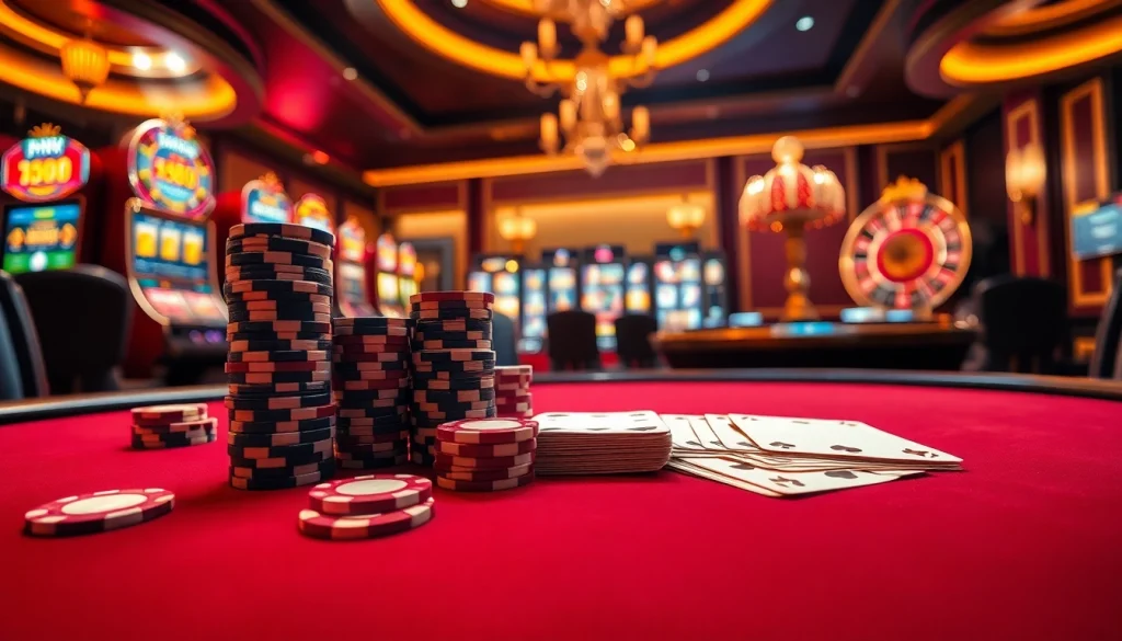 Experience high-stakes poker action with hm88 chips and cards amidst a luxurious casino setting.