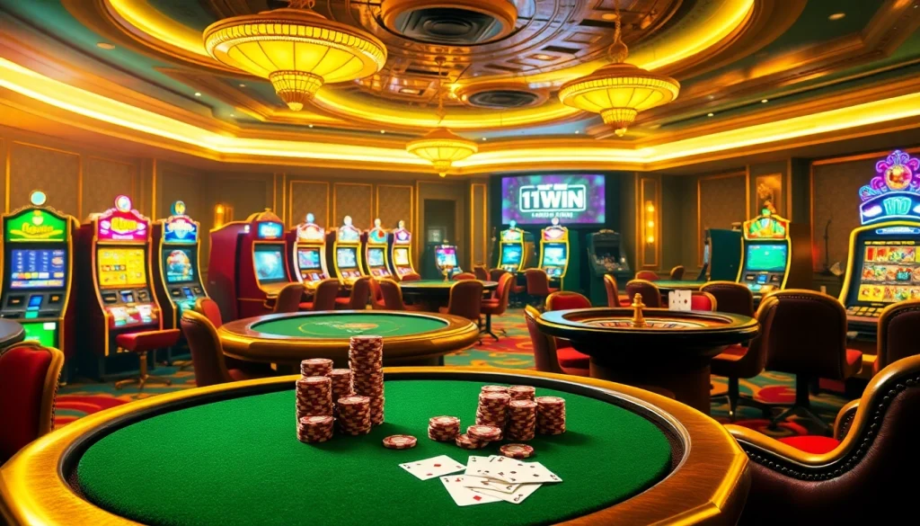 Engaging casino gaming scene with 11WIN branding, showcasing poker chips and roulette wheel excitement.