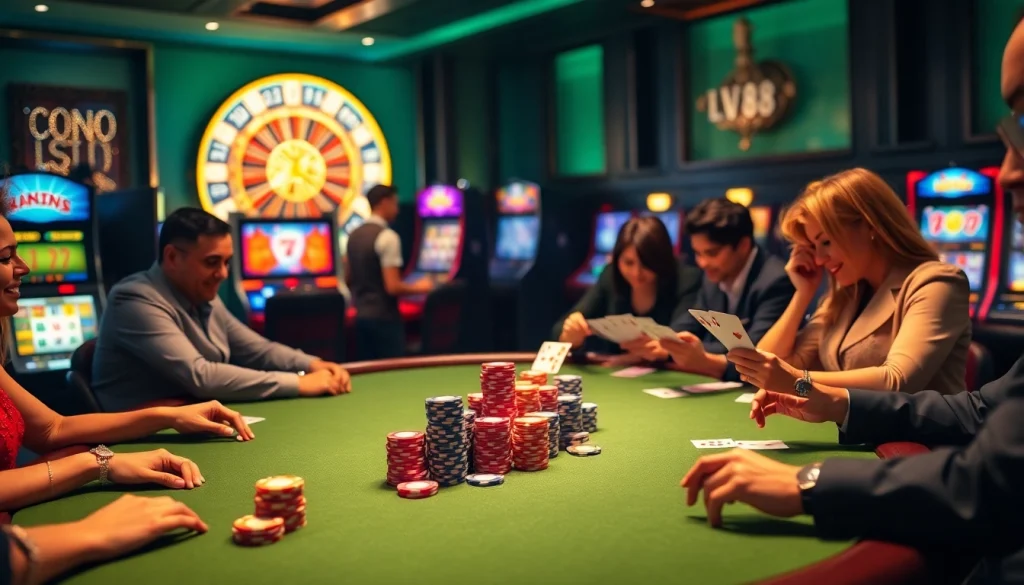 Players enjoy a thrilling poker game at LV88 casino, surrounded by vibrant slot machines and chips.