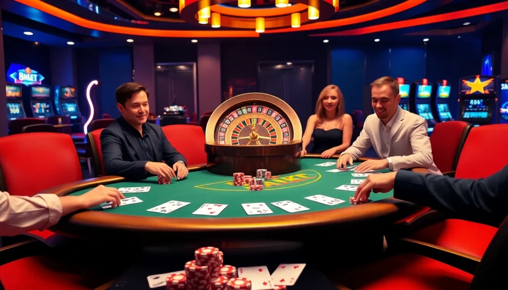 Engaging poker night at 8xbetcom.tv with vibrant chips, cards, and a roulette wheel.