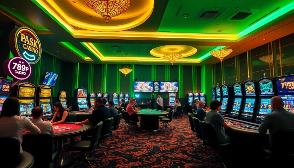 Experience the excitement of 789p online casino, showcasing engaging poker tables and vibrant slot machines in a luxurious setting.