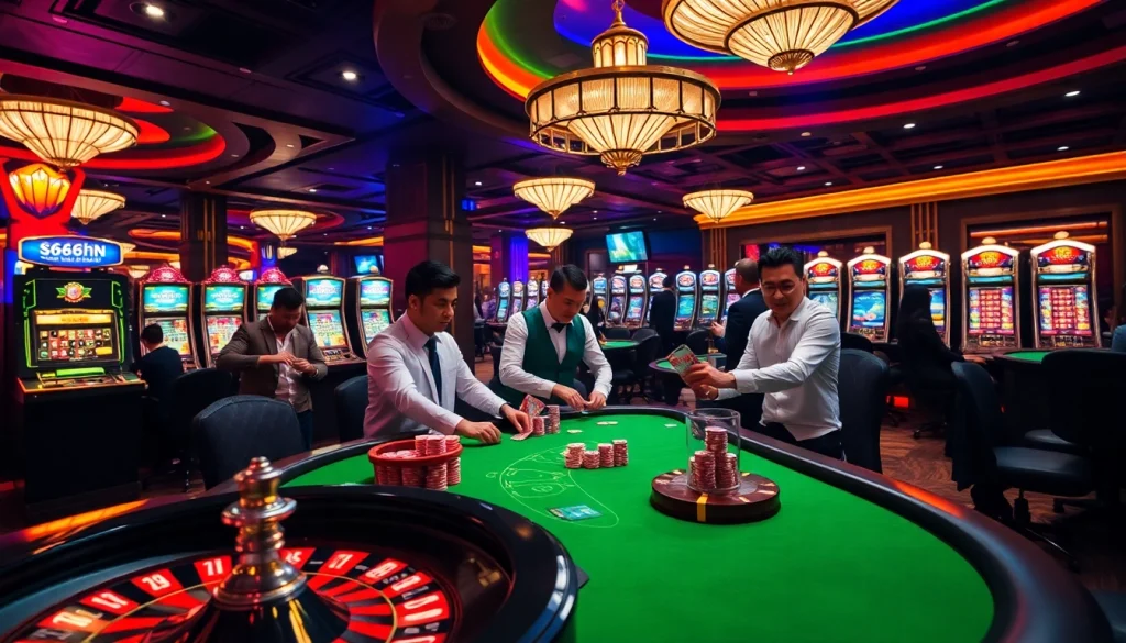 S666hn.com gaming experience featuring a luxury casino atmosphere with excited players and vibrant tables.