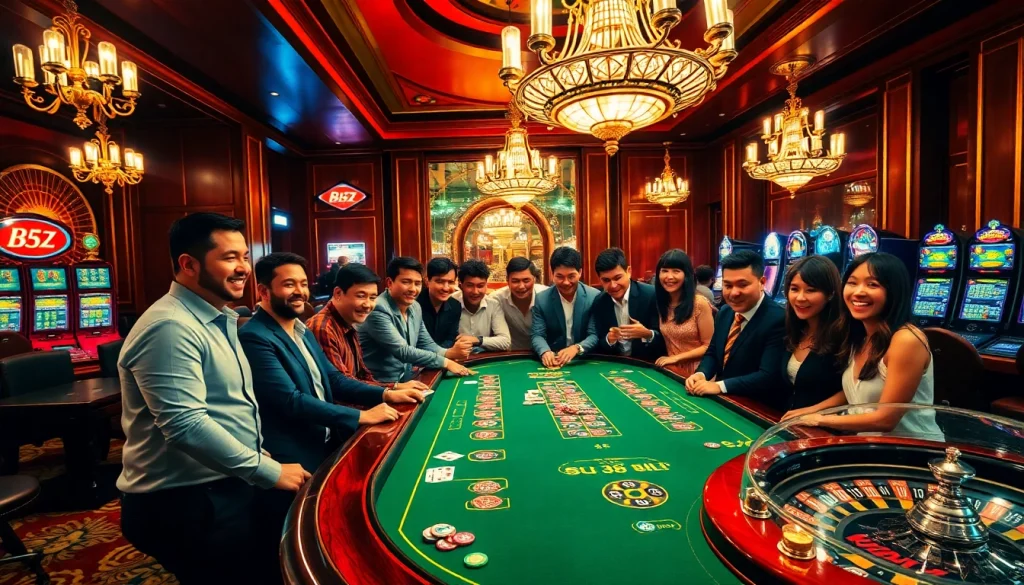 Excited gamblers engaging at a b52 table game in a luxurious casino setting.