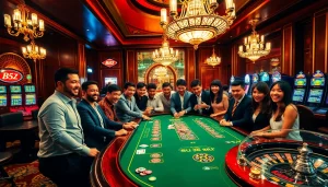 Excited gamblers engaging at a b52 table game in a luxurious casino setting.