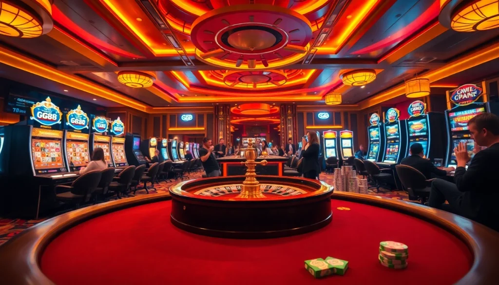 GG88 players celebrating wins at chic casino tables with luxurious decor.