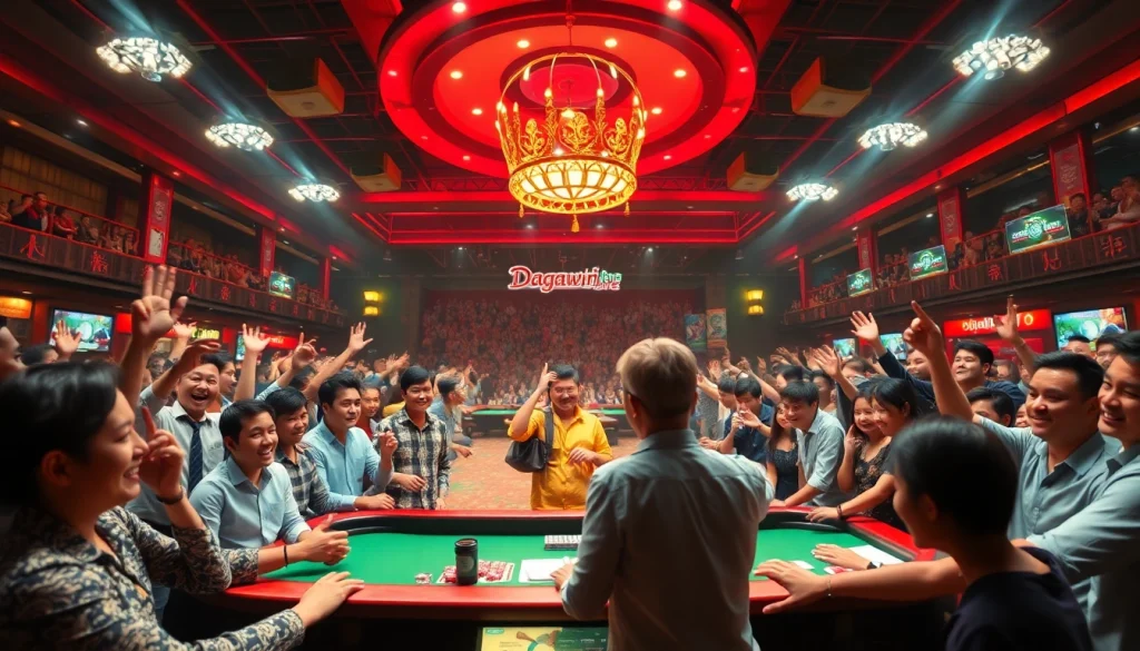 Live cockfighting event at dagawin.live, featuring excited spectators and a professional dealer.