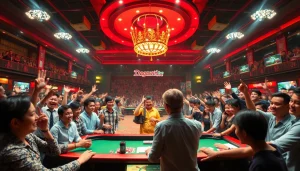 Live cockfighting event at dagawin.live, featuring excited spectators and a professional dealer.