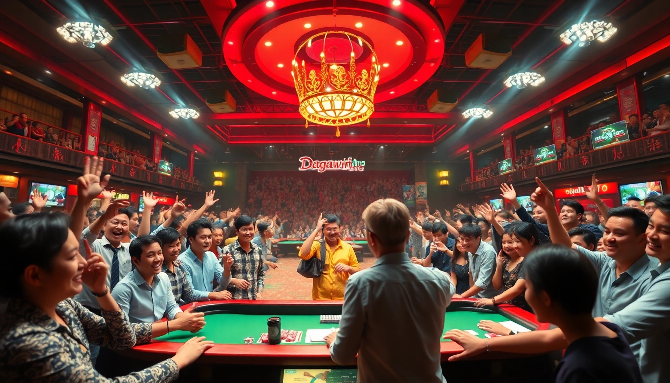 Live cockfighting event at dagawin.live, featuring excited spectators and a professional dealer.