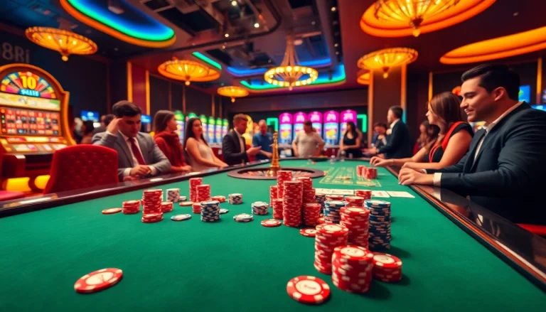 Engaging players at 88i enjoy a thrilling experience at the casino table with poker chips and cards.