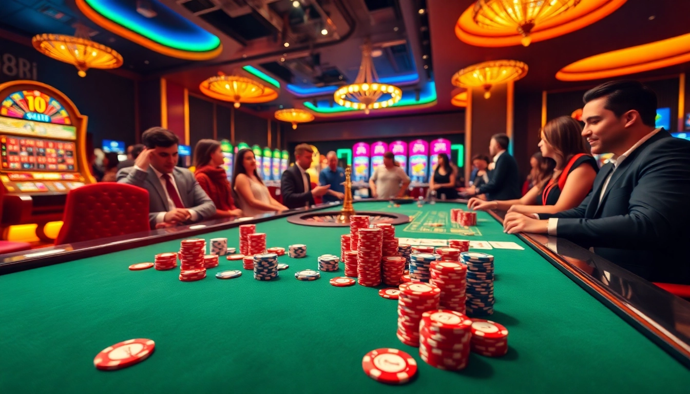 Engaging players at 88i enjoy a thrilling experience at the casino table with poker chips and cards.