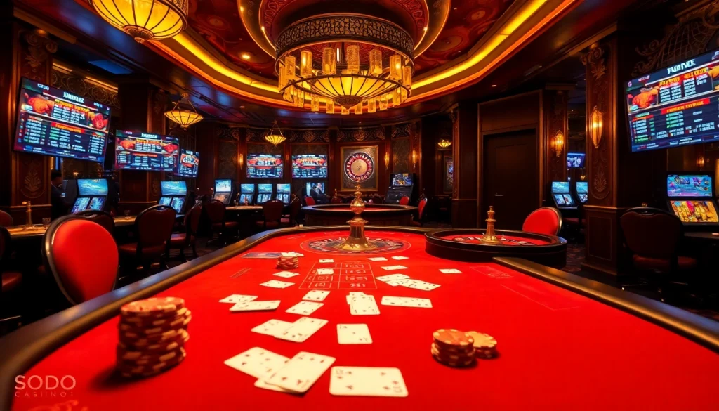 SODO Casino features an exciting scene with poker chips and a roulette wheel, embodying high-stakes gambling.