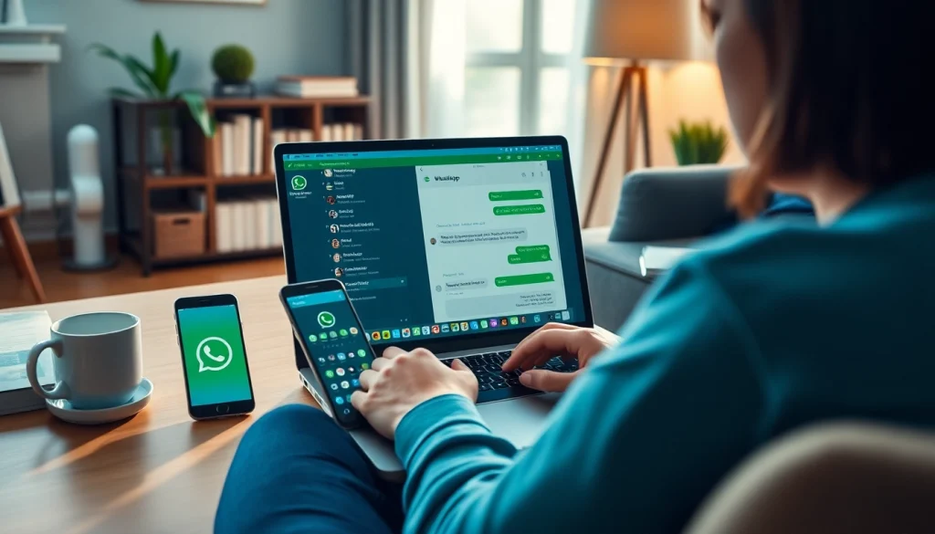 展示笔记本电脑上 WhatsApp网页版 的沉浸式工作区，象征现代通信。