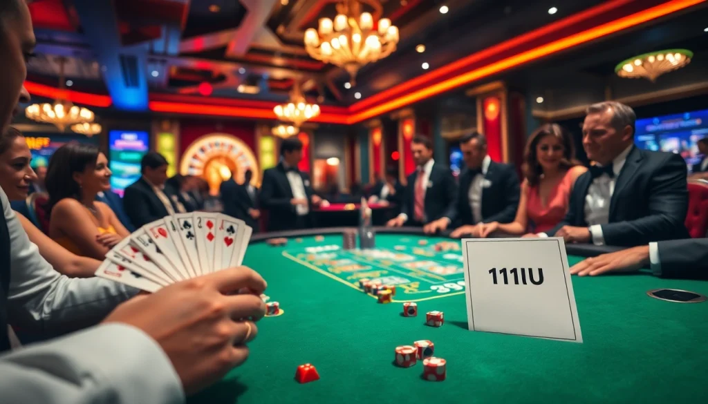 Players enjoying high-stakes poker at 11UU's elegant casino setting with vibrant colors.