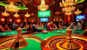 Exciting SODO casino scene with luxurious roulette wheel and vibrant poker tables.