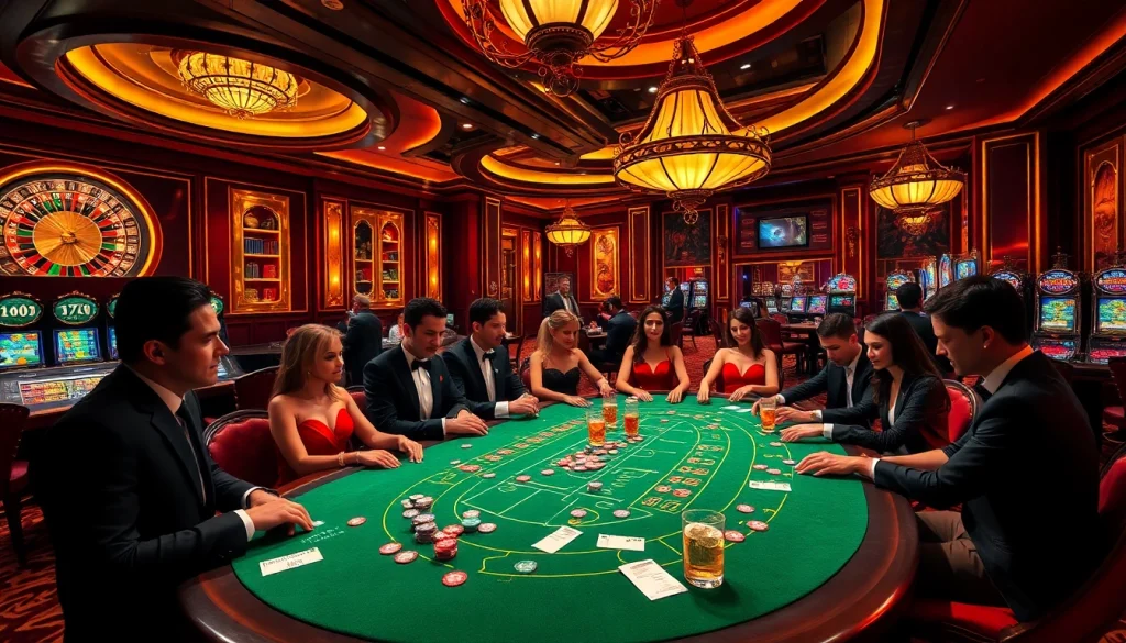 Experience an exhilarating casino atmosphere with players at a poker table linked to https://bl555.design/ and vibrant slot machines.