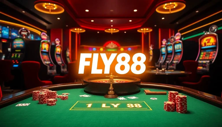 Experience the excitement of FLY88 at an upscale casino with poker tables and roulette wheels.