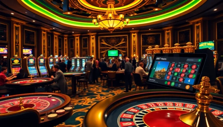 Experience thrilling games at https://28betca.com/, showcasing poker, roulette, and vibrant casino decor.