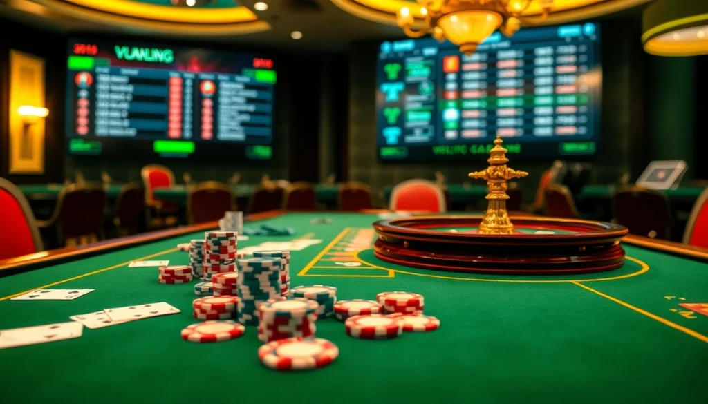 Experience thrilling gameplay at vvjl with vibrant casino tables filled with poker chips and cards.