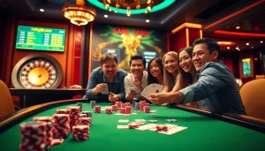 Players enjoying a thrilling game at the casino table inspired by https://ffgg88.com/ with vibrant poker chips.