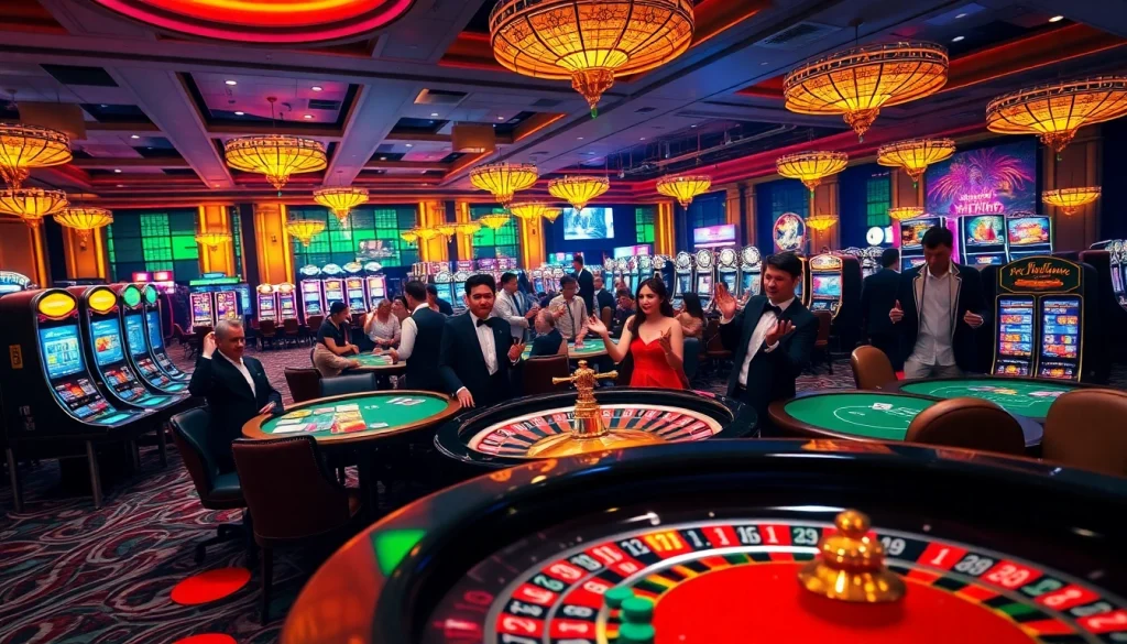 Excited players enjoying the high-stakes atmosphere at a luxurious hm88 casino.